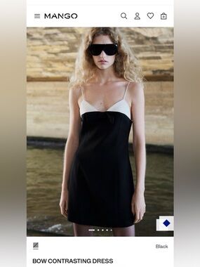 Mango Black Mini Dress with Cream Bodice and Bow